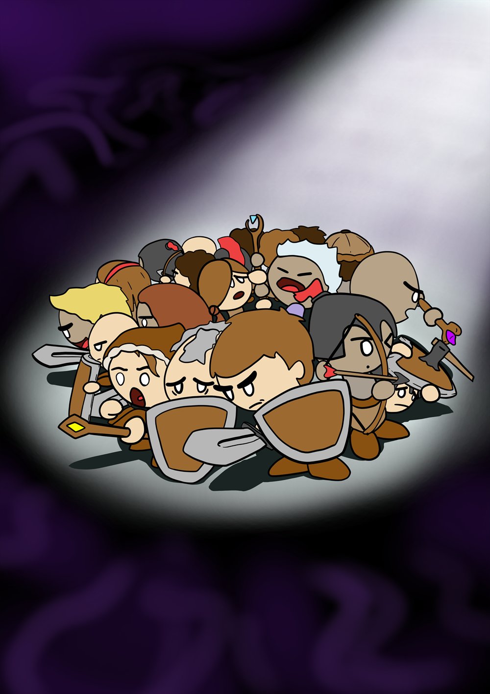 The 21 heroes huddled in a single beam of light, surrounded by the dark.