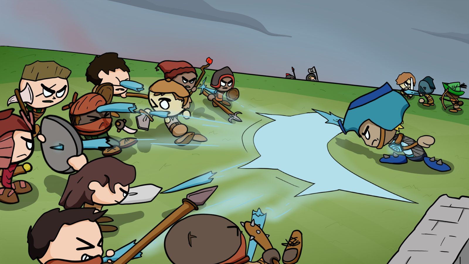 Heroes clashing with swords and ice magic.
